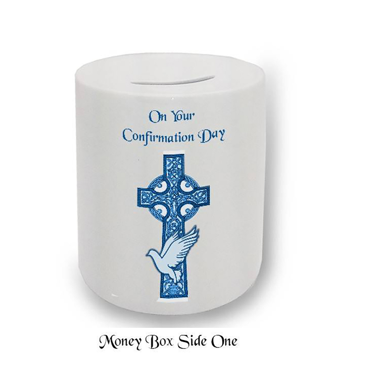 Personalised Confirmation Money Box - Celtic Cross & Dove Blue