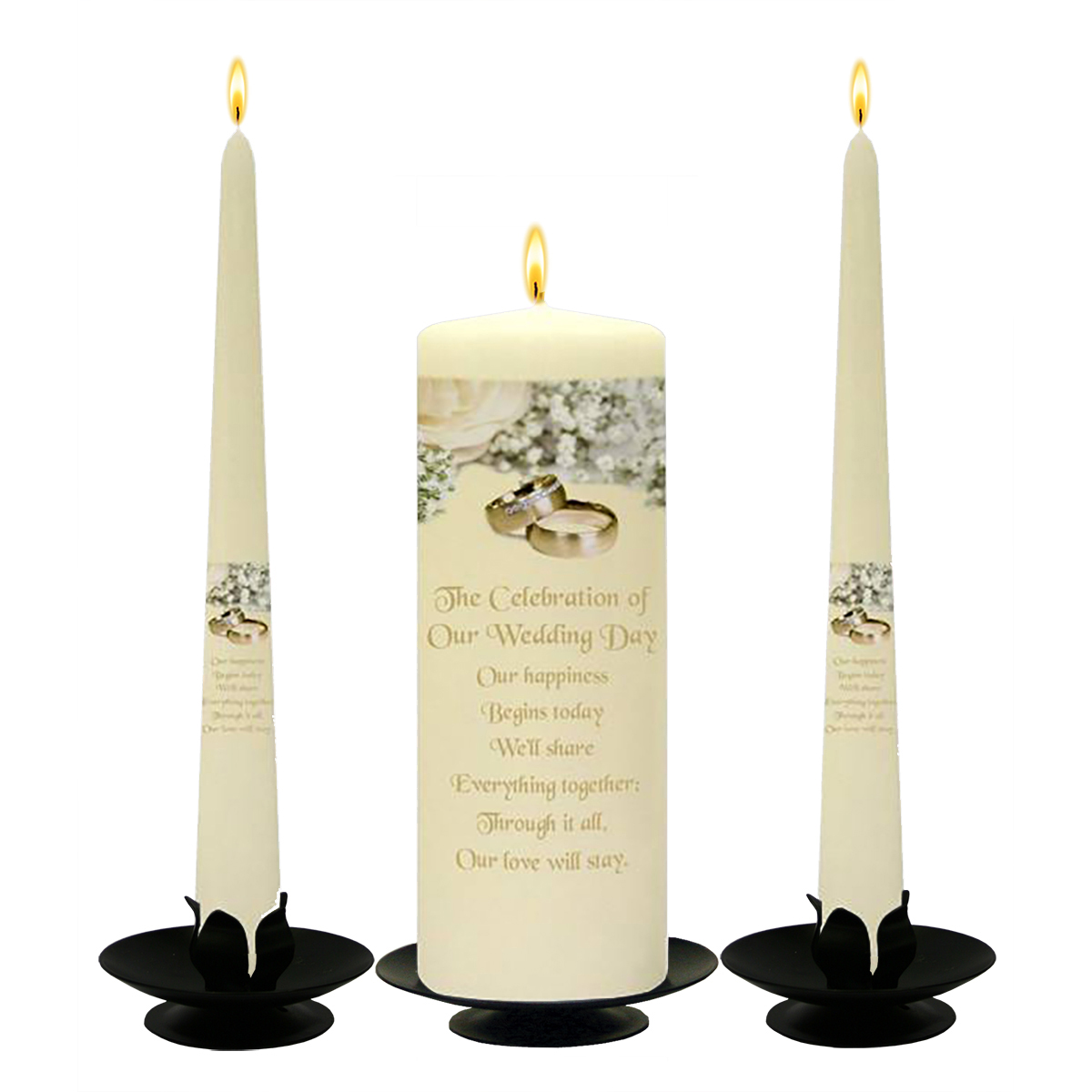 Personalised Wedding Candles - White Flowers & Rings