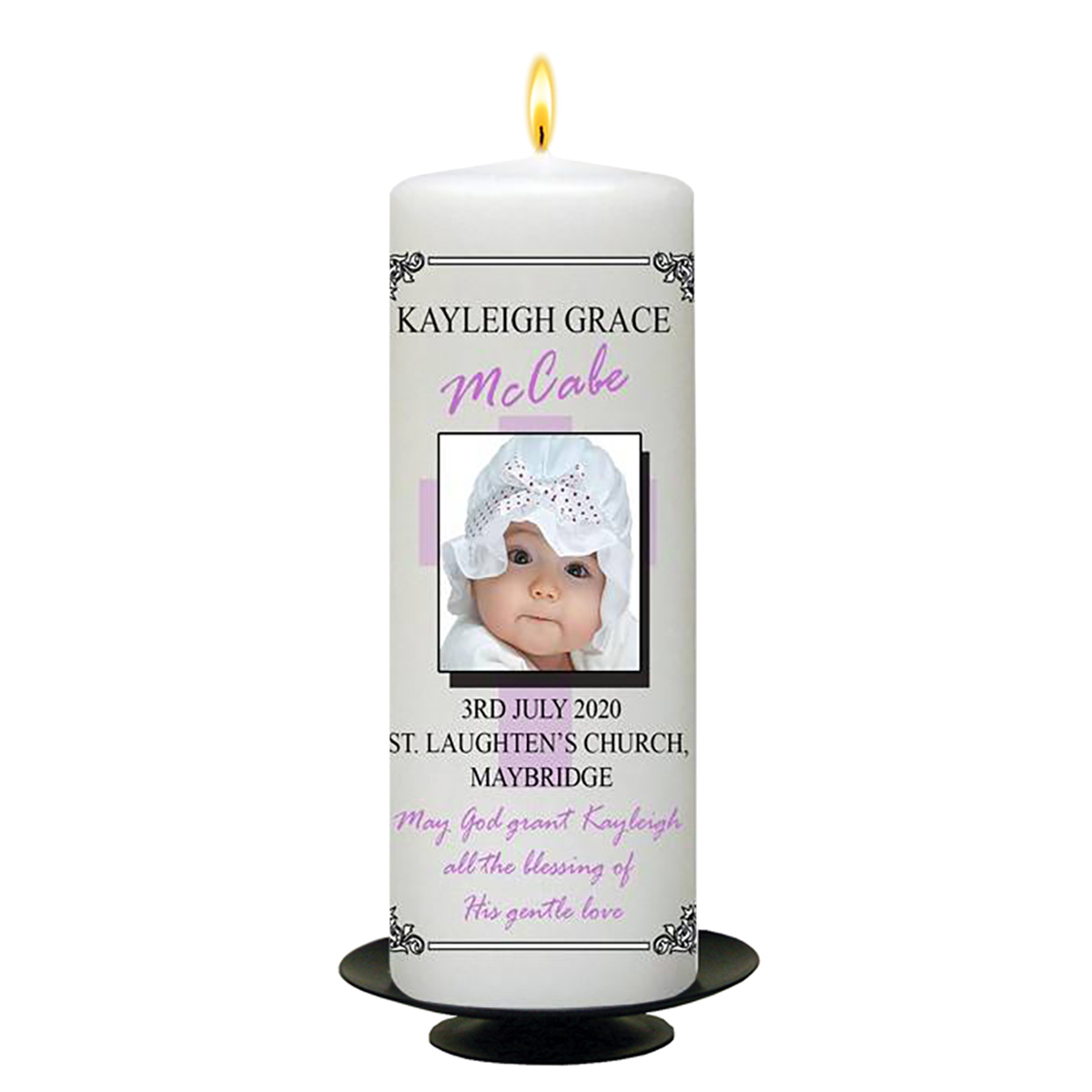 Personalised Girls Christening Candle - Cross & Shadow Pink with Photo