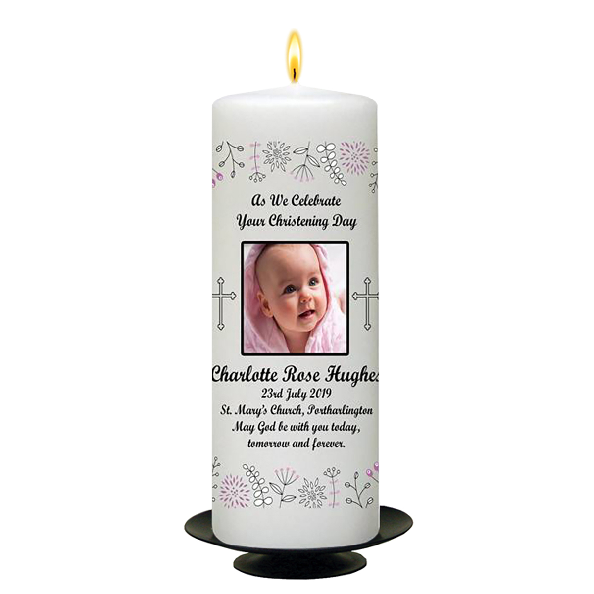Personalised Girls Christening Candle - Flower Art & Pink Crosses with Photo