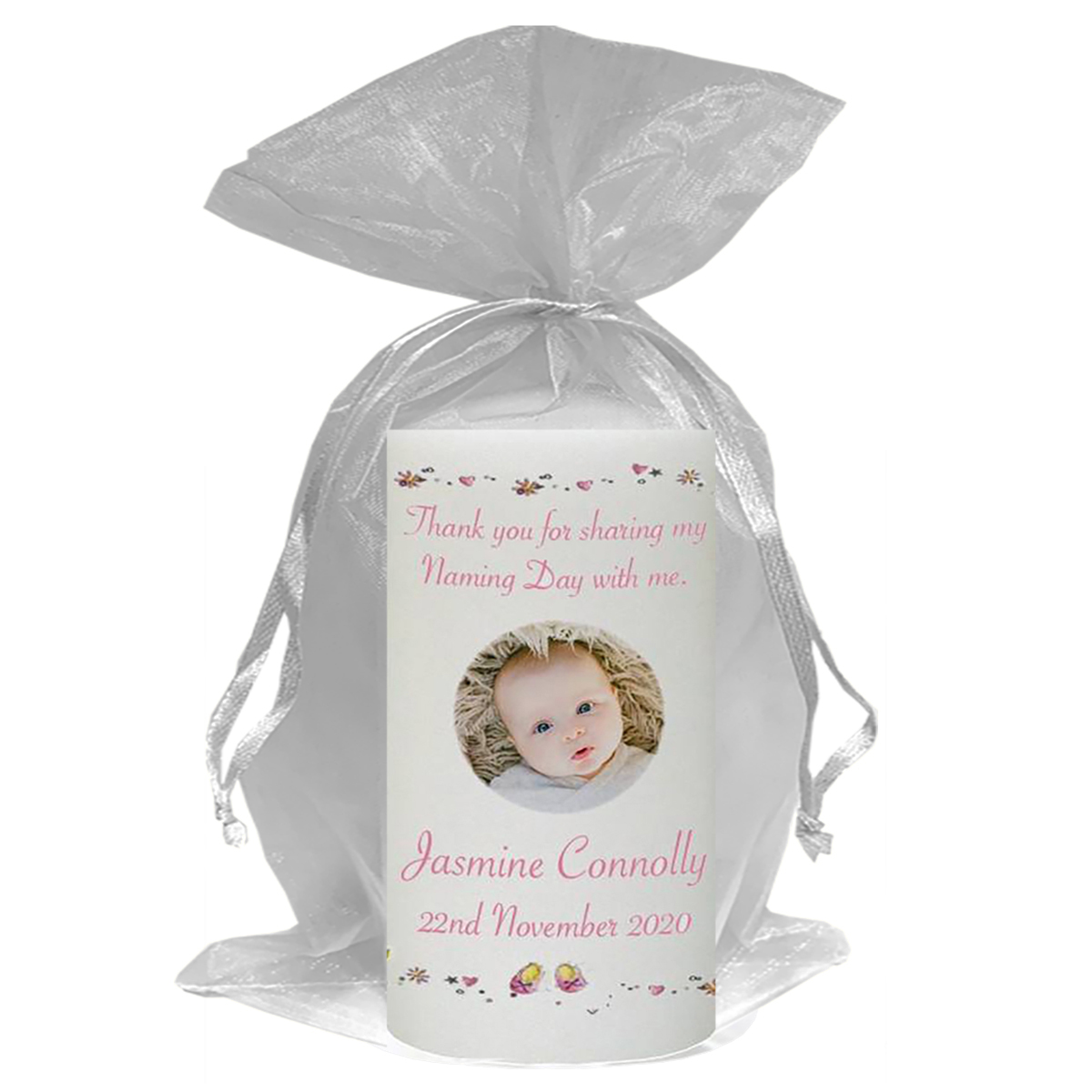 Personalised Naming Day Candle Gift - Dots & Ribbon Pink with Photo