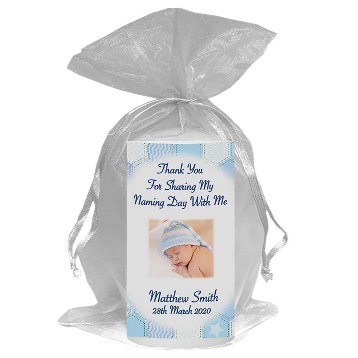 Personalised Naming Day Candle Gift - Dots & Ribbon Blue with Photo