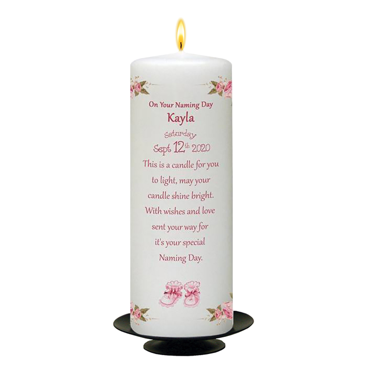 Personalised Naming Day Candle Gift - A Pair of Booties Pink with Photo