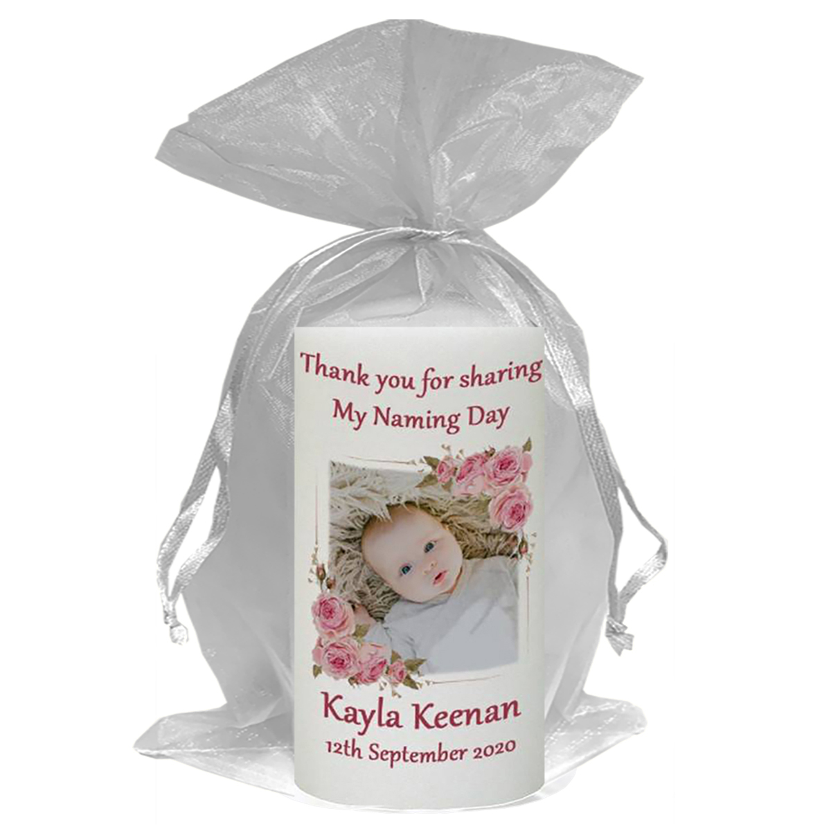 Personalised Naming Day Candle Gift - A Pair of Booties Pink with Photo