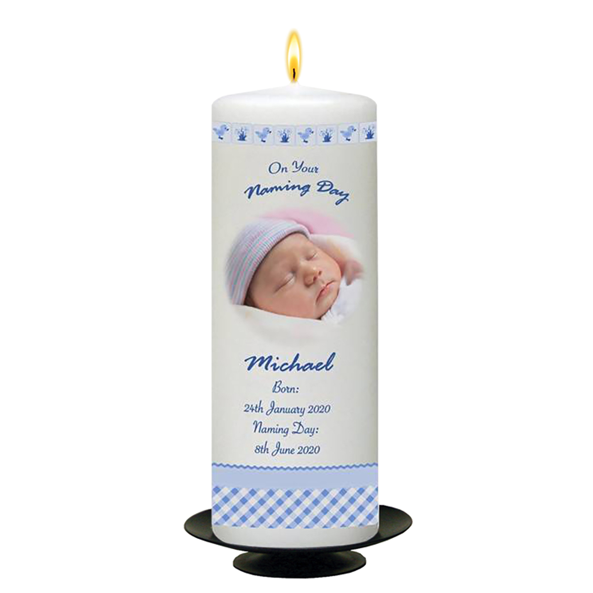 Personalised Naming Day Candle Gift - Hush Teddy Blue with Photo