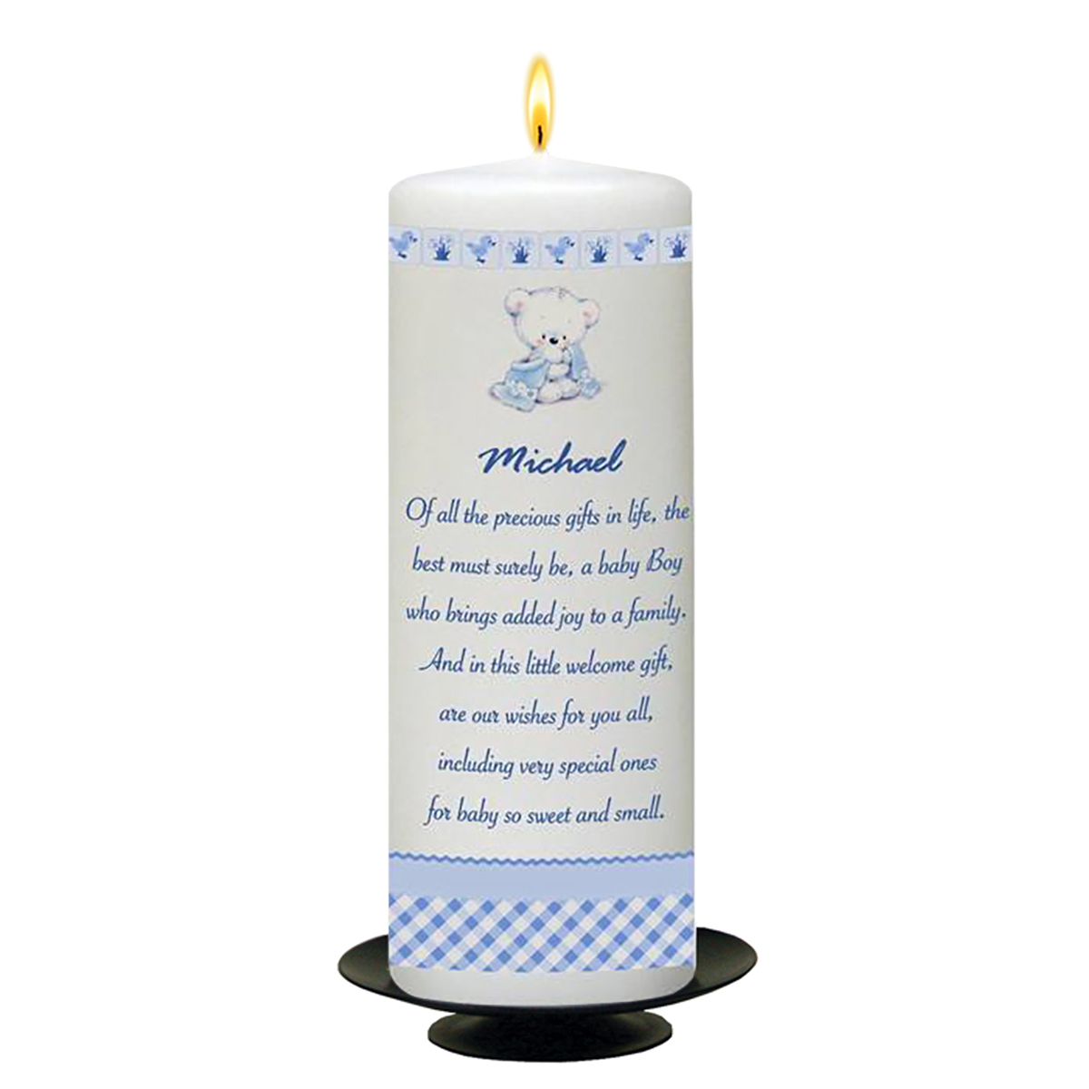 Personalised Naming Day Candle Gift - Hush Teddy Blue with Photo