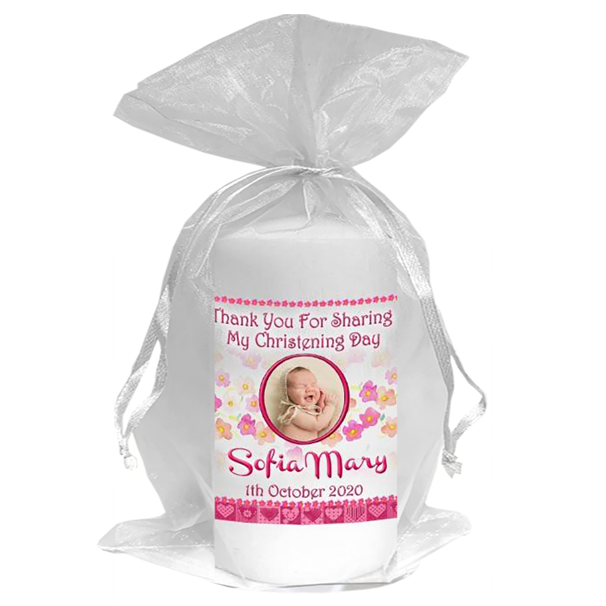 Thank you Christening Favour - Baby & Rattle Pink with Photo