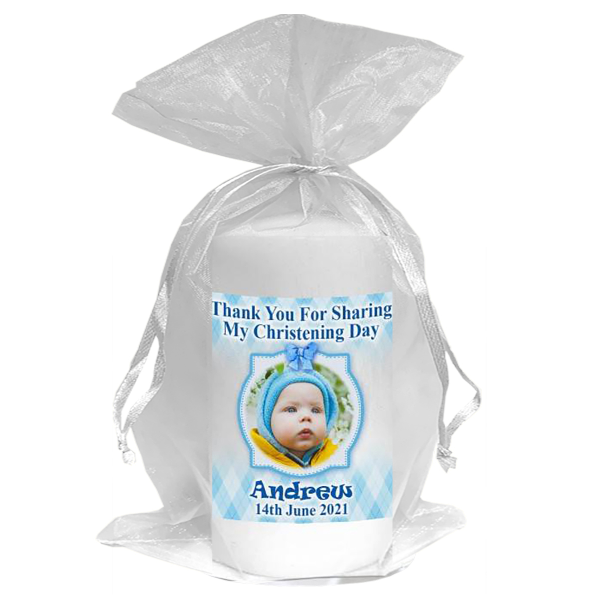 Thank you Christening Favour - Teddy & Chair Blue with Photo