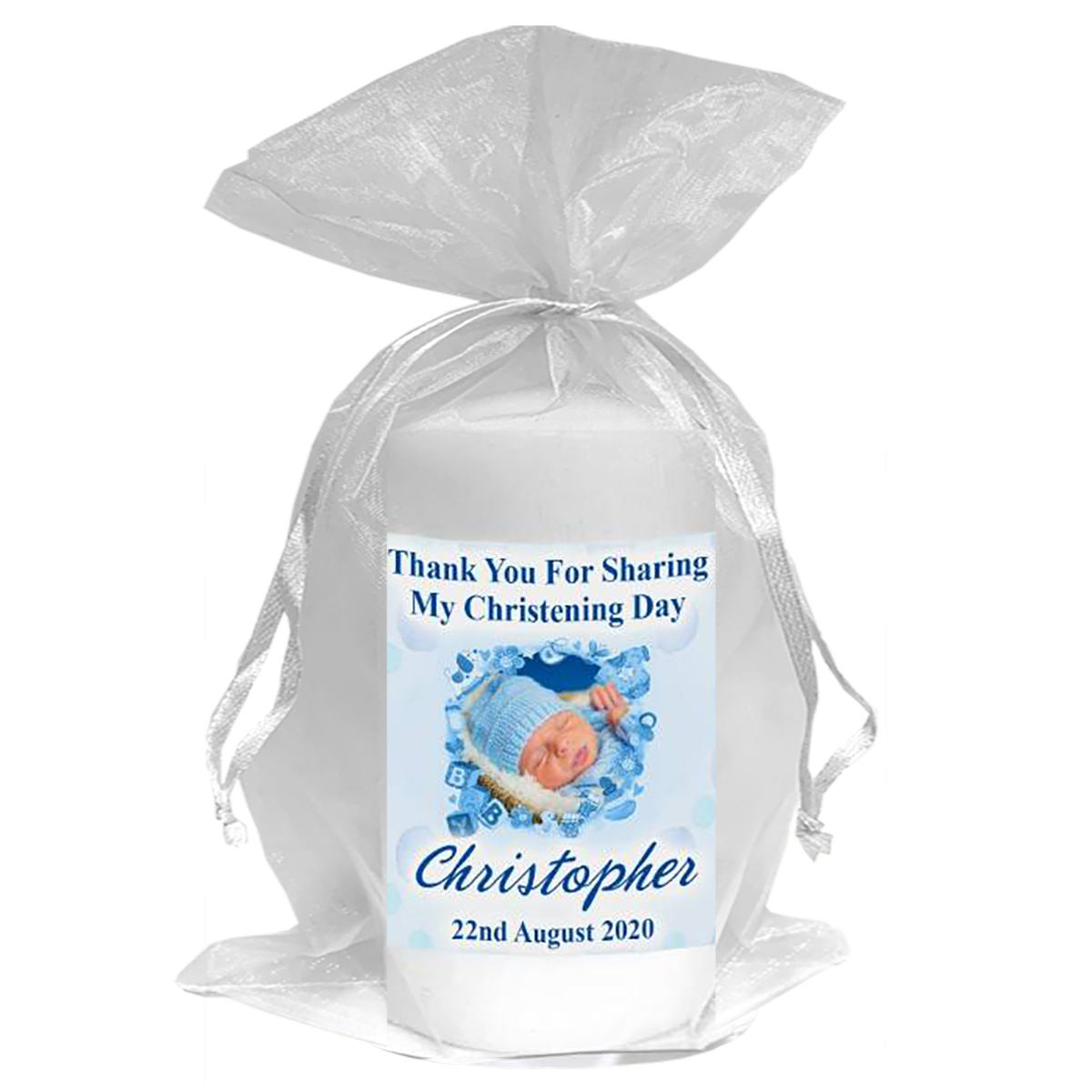 Thank you Christening Favour - Teddy & Toy Blue with Photo