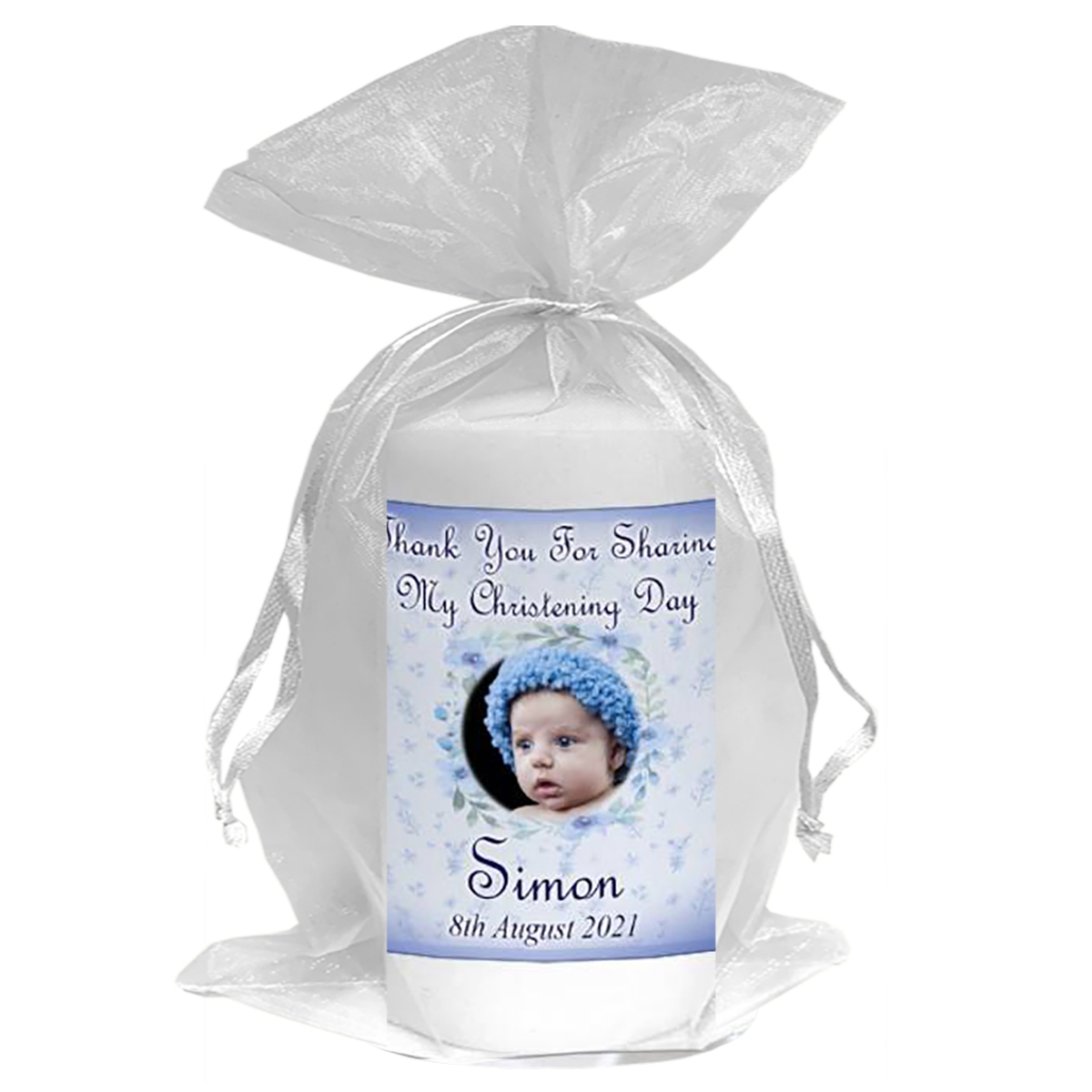 Thank you Christening Favour - Teddy & Bench Blue with Photo