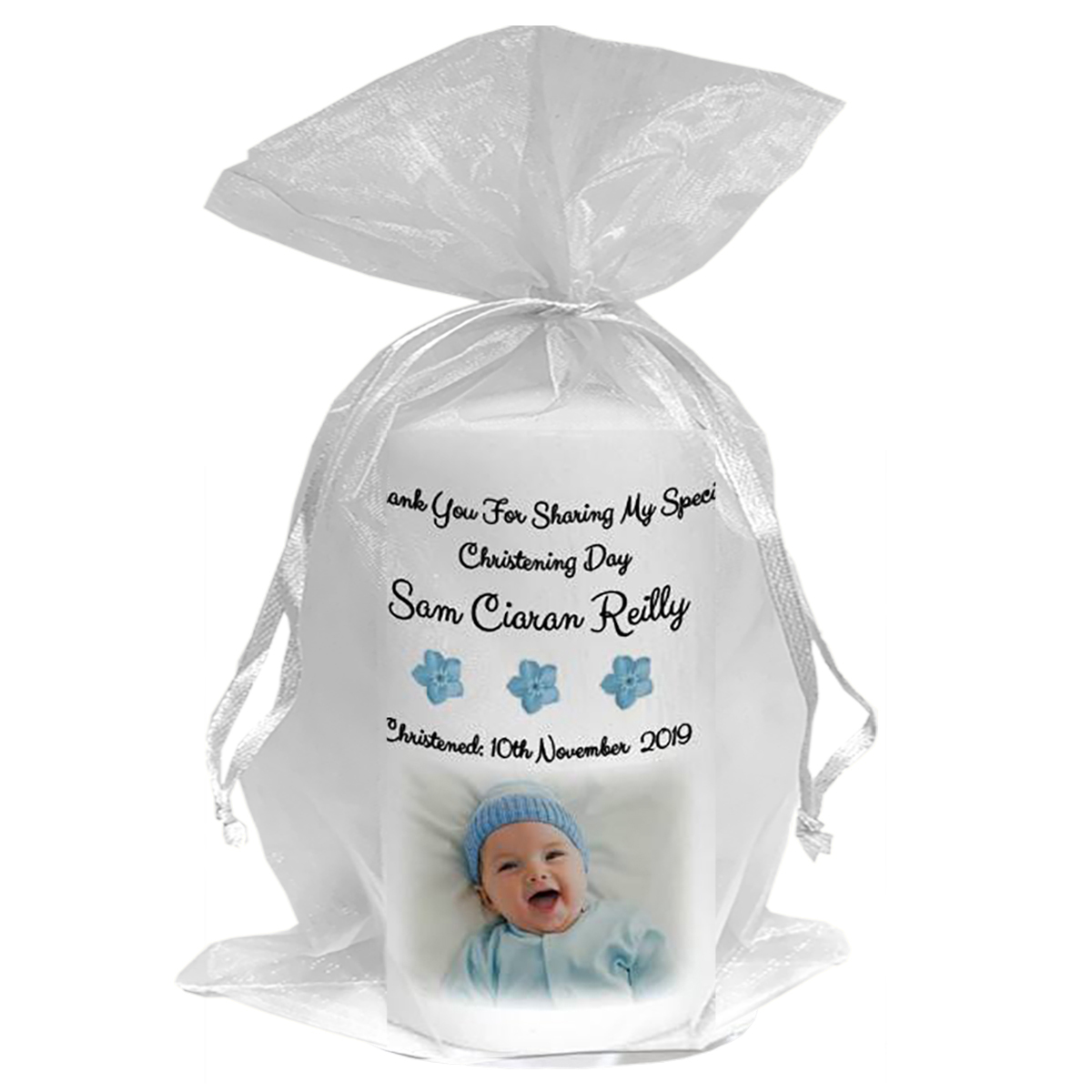 Thank you Christening Favour - Forget Me Knot Blue Flowers with Photo