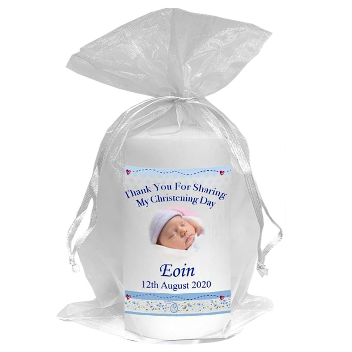 Personalised Boys Christening Candle - Teddy & Quilt Blue with Photo
