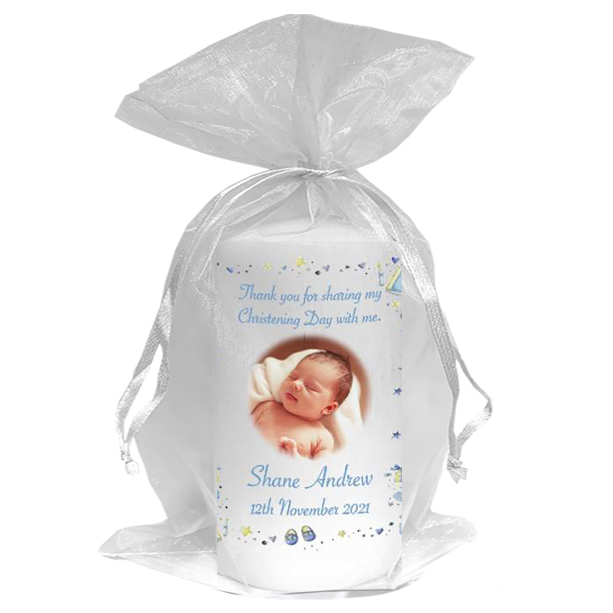 Personalised Boys Christening Candle - Stars & Hearts Blue with Photo
