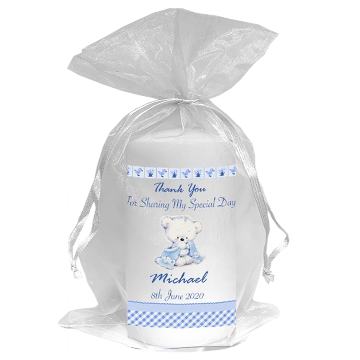 Personalised Boys Christening Candle - Hush Teddy Blue