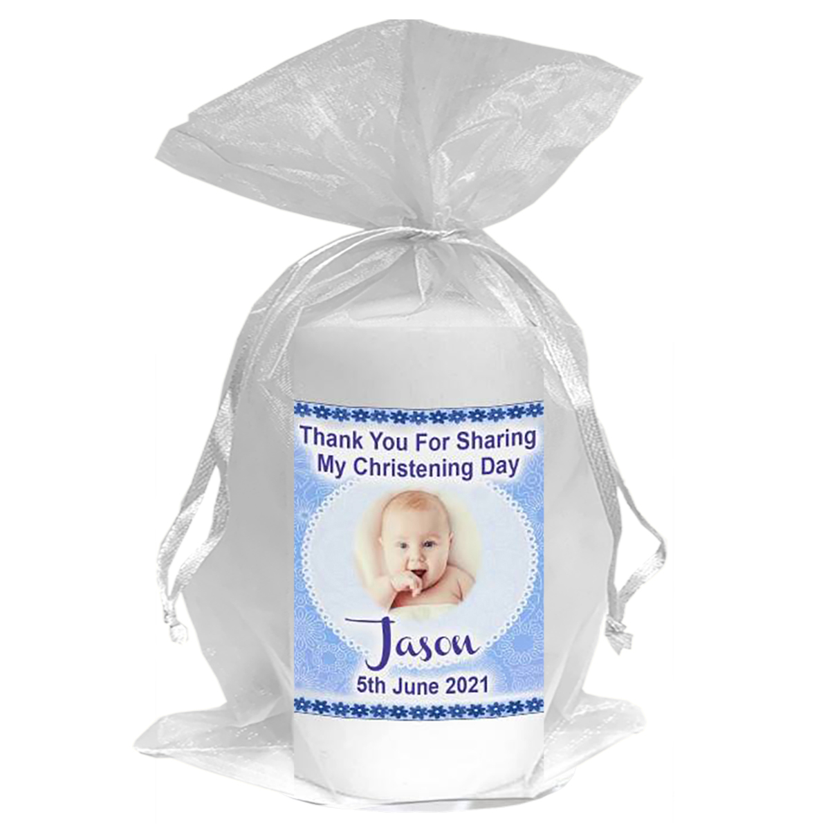 Personalised Boys Christening Candle - Cuddles Blue with Photo