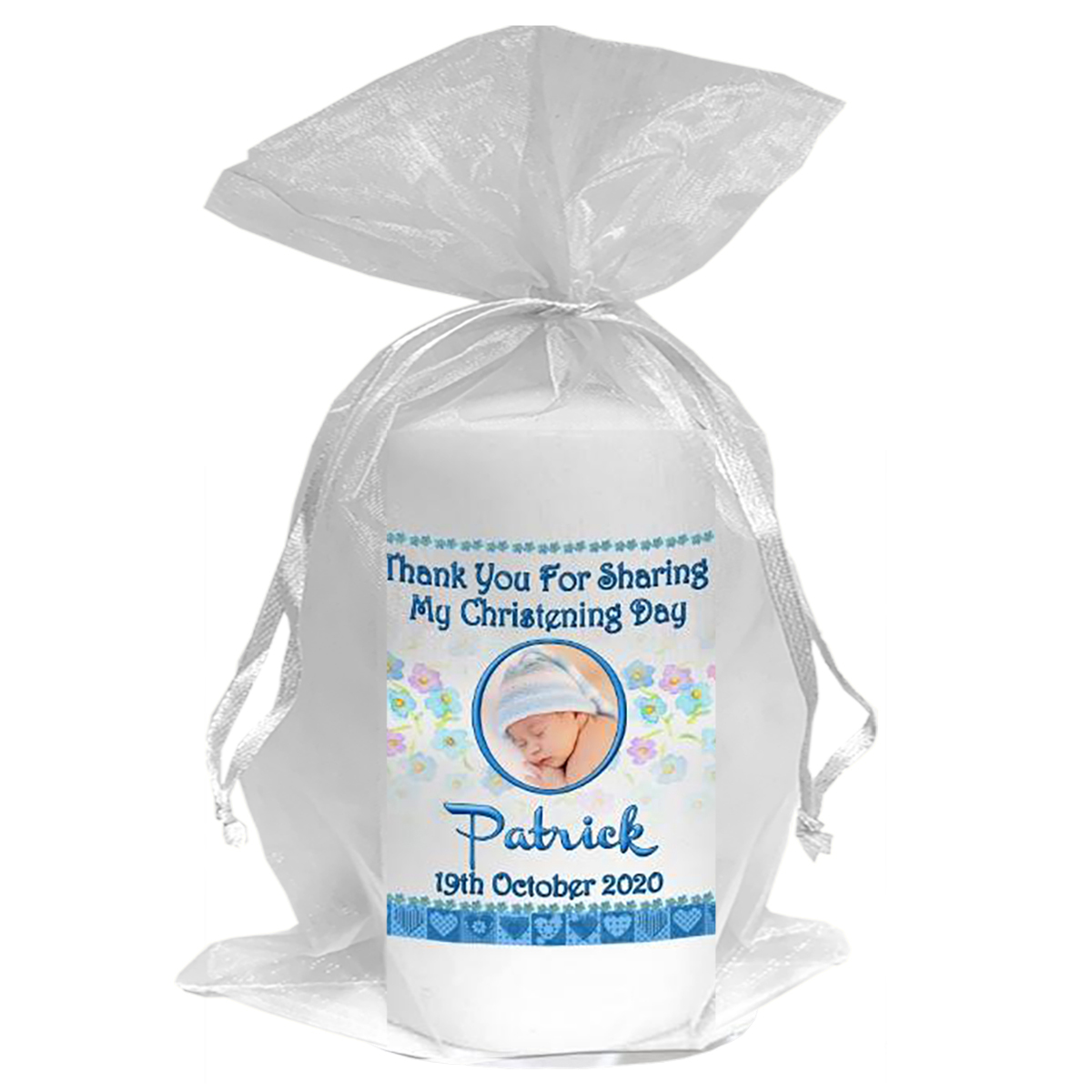 Personalised Boys Christening Candle - Baby & Rattle Blue with Photo
