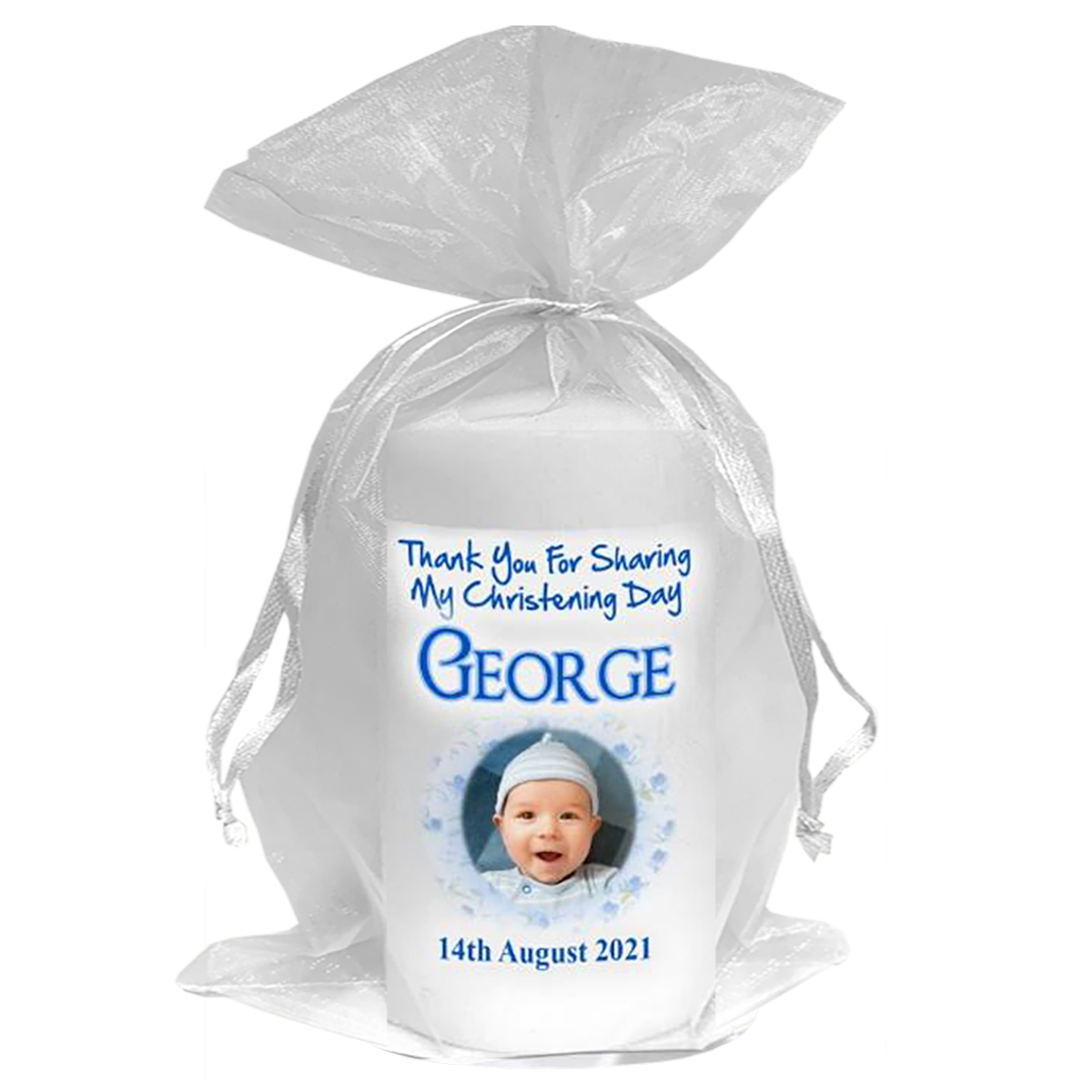 Personalised Boys Christening Candle - Kitten Roses & Bows Blue with Photo