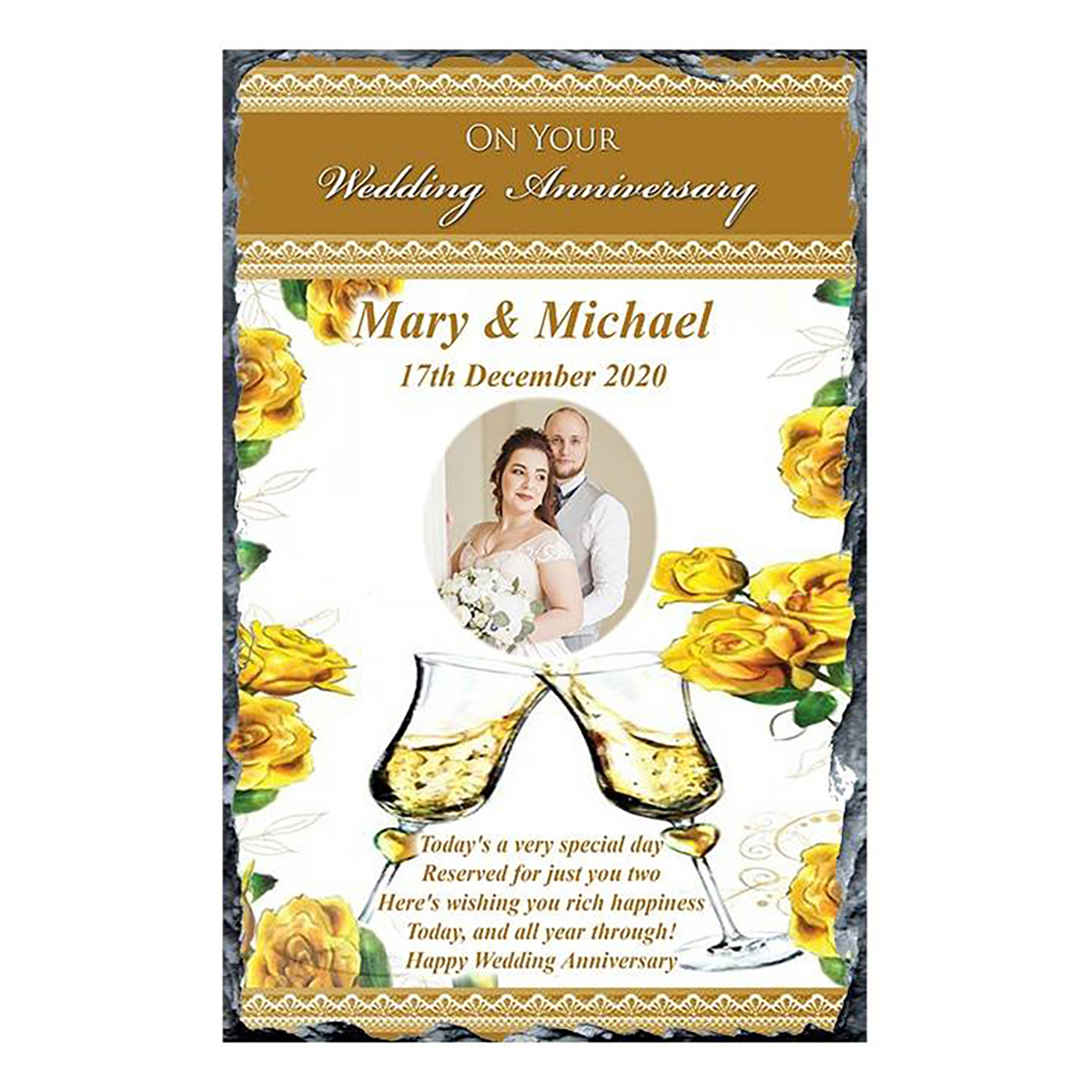 Personalised Wedding Anniversary Candle Gift - Happy Anniversary - Glasses & Roses & Photo