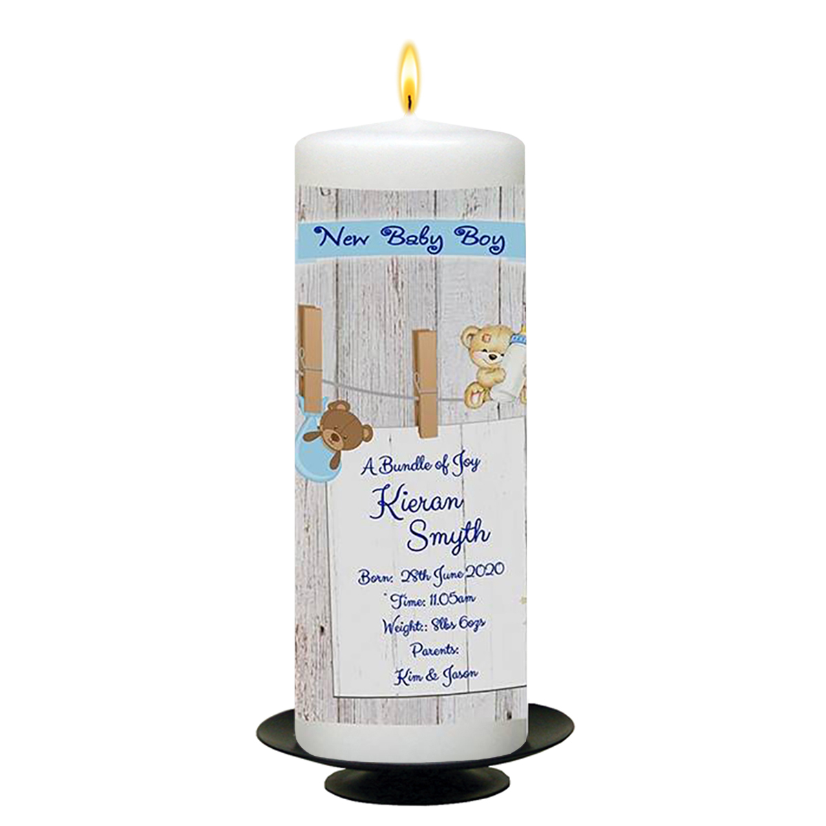 Personalised New Baby Candle Gift - Boy Toys & Pegs with Photo