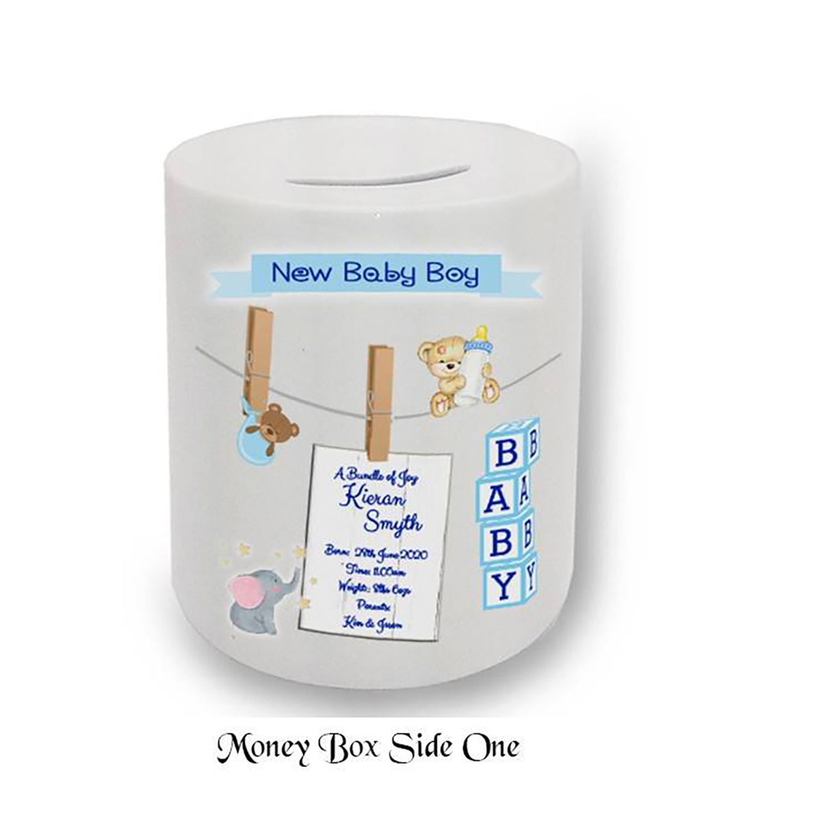 Personalised New Baby Money Box Gift - Boy Toys & Pegs with Photo