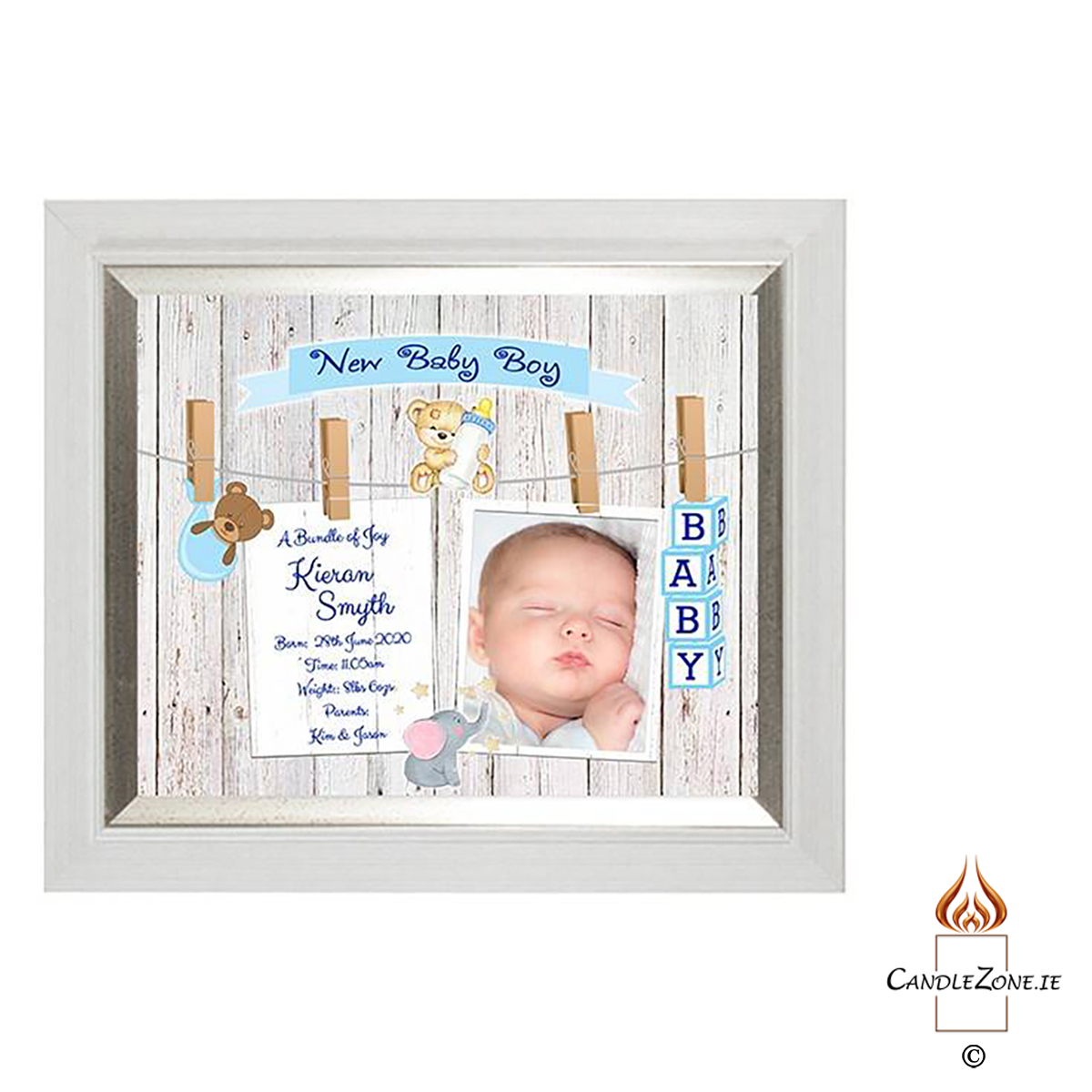 Personalised New Baby Money Box Gift - Boy Toys & Pegs with Photo