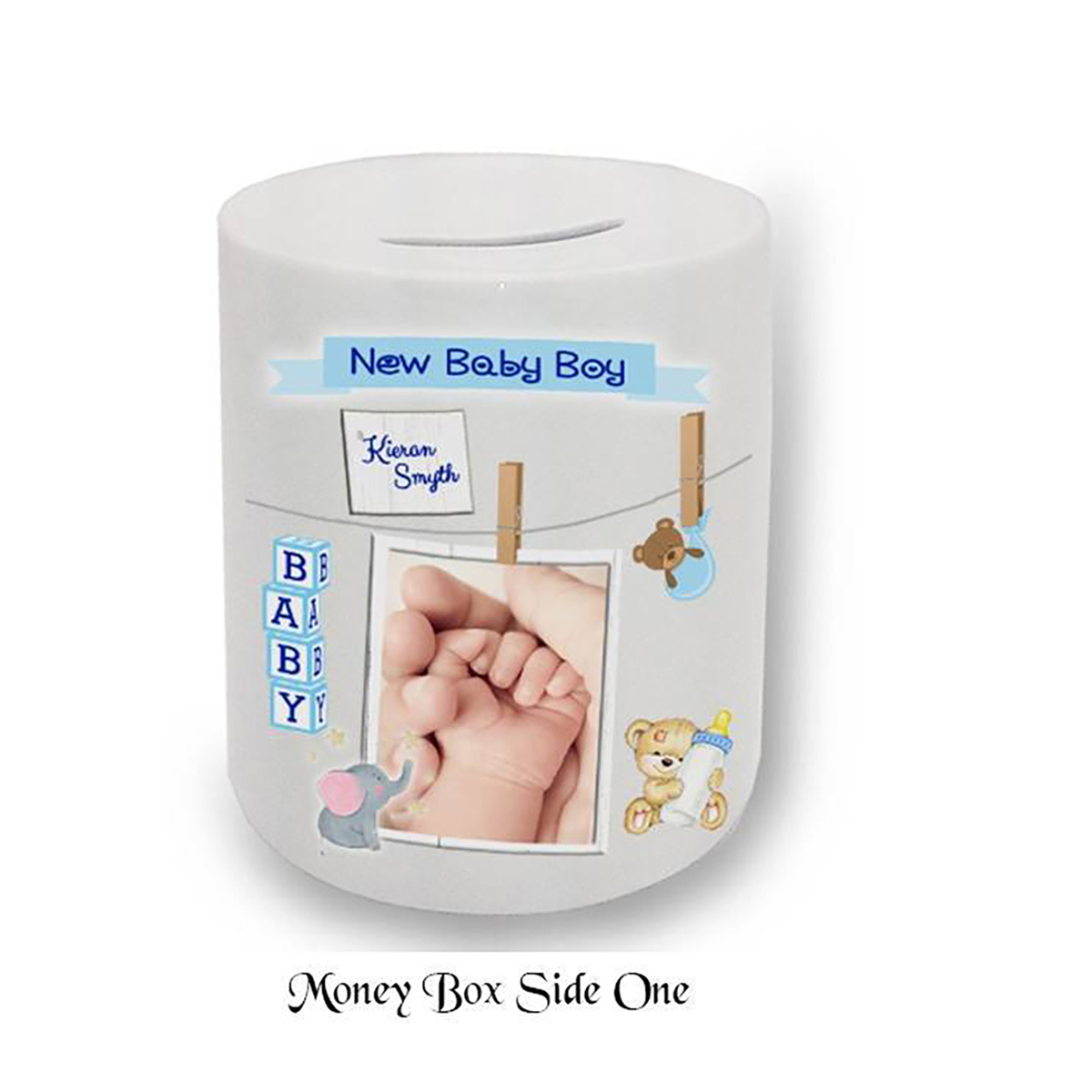 Personalised New Baby Money Box Gift - Boy & Hands Toys & Pegs