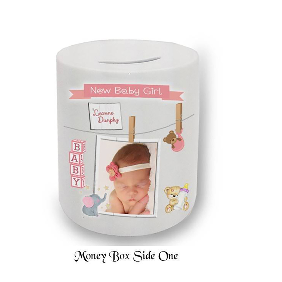 Personalised New Baby Money Box Gift - Girl Toys & Pegs with Photo