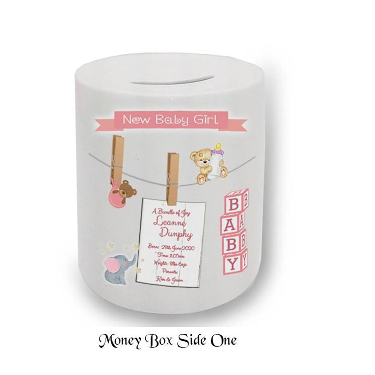 Personalised New Baby Money Box Gift - Girl Toys & Pegs with Photo