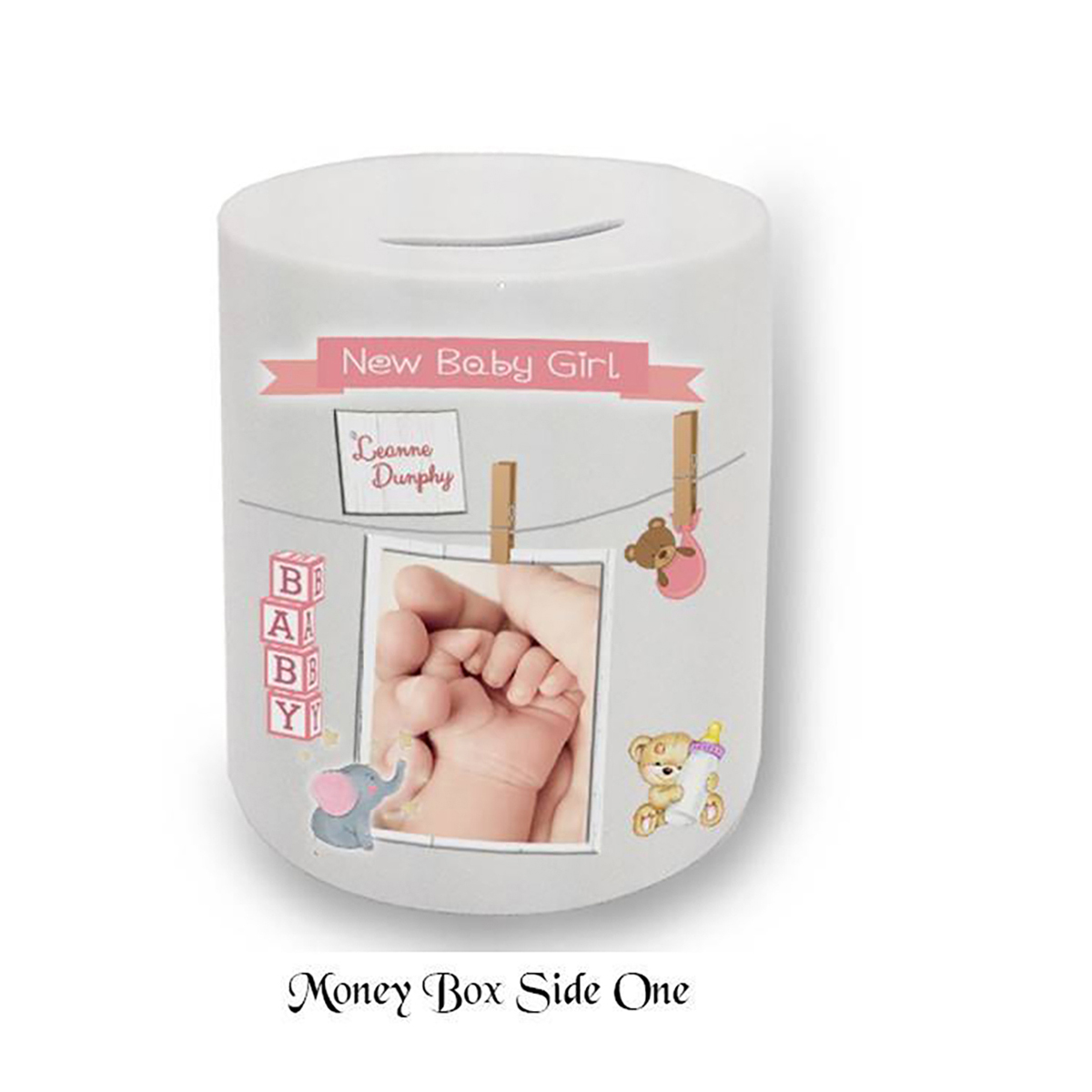 Personalised New Baby Money Box Gift - Girl & Hands Toys & Pegs