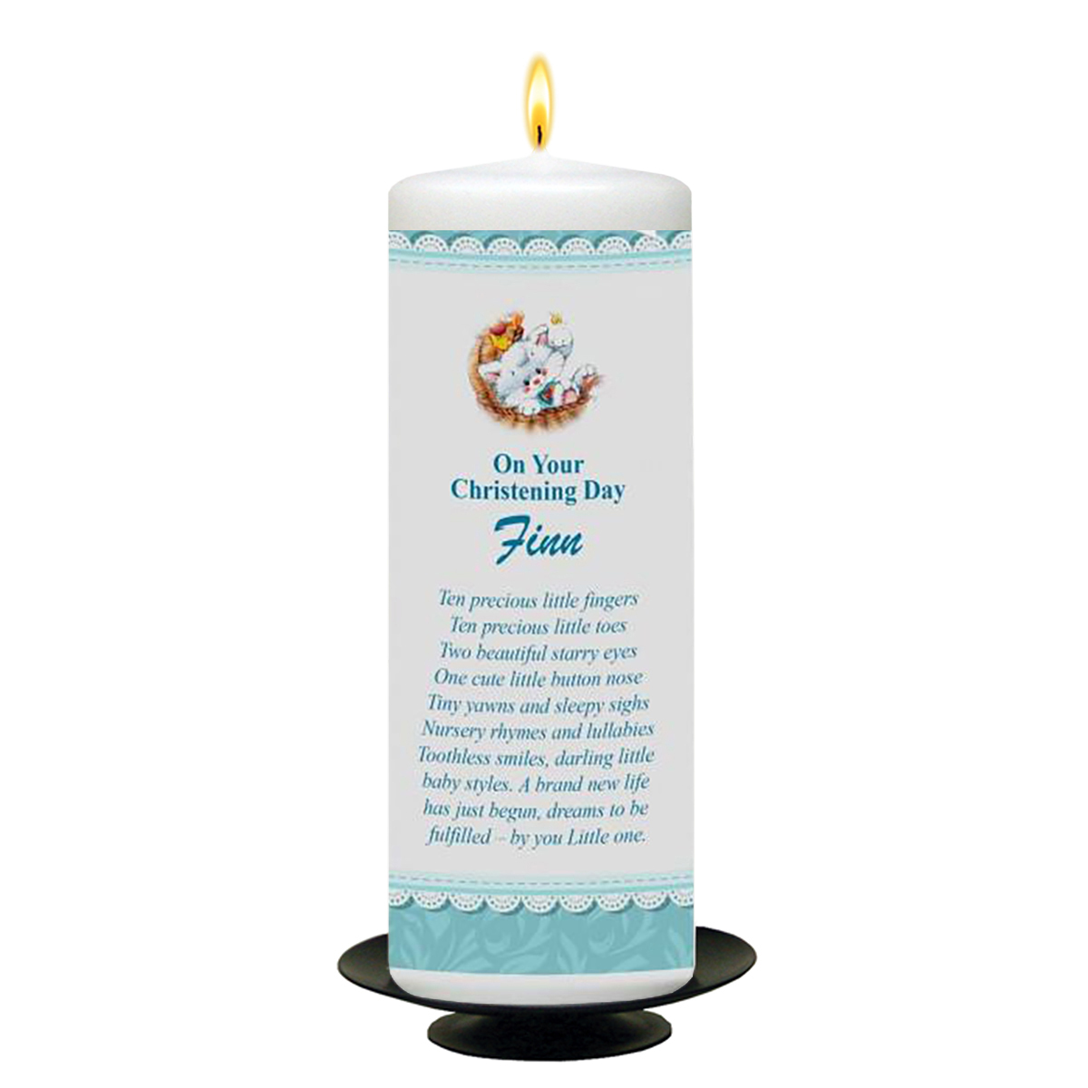 Personalised Boys Christening Candle - Teddy & Pram Lace Blue with Photo