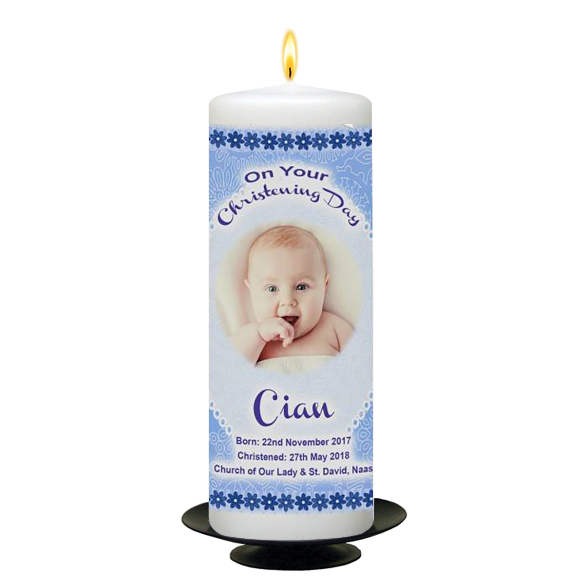 Personalised Boys Christening Candle - Cuddles Blue with Photo