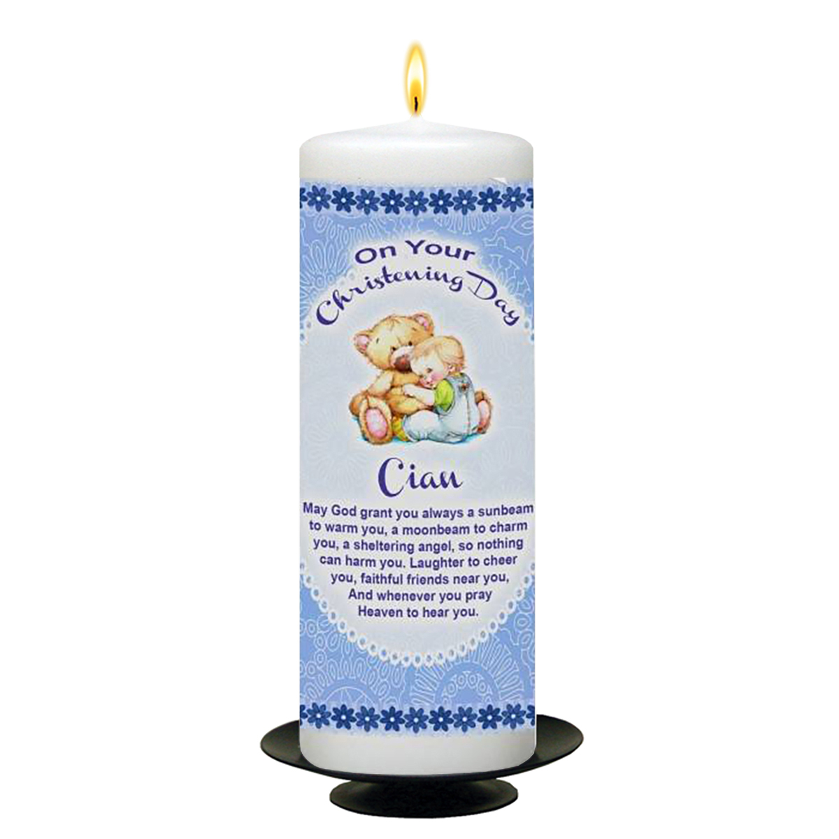 Personalised Boys Christening Candle - Cuddles Blue with Photo