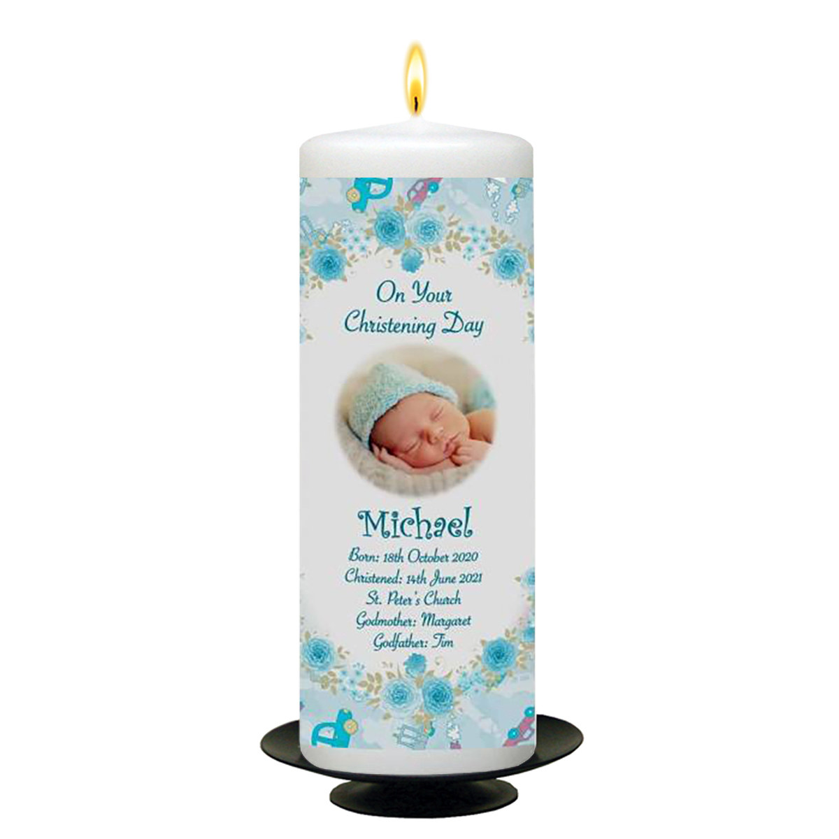 Personalised Boys Christening Candle - Bear & Sleeping on Moon Blue with Photo