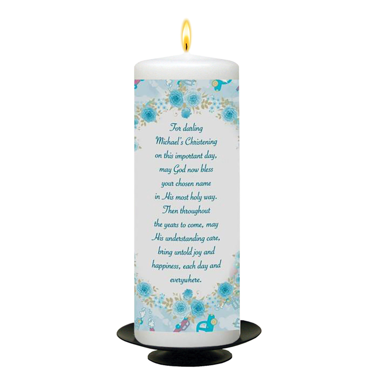 Personalised Boys Christening Candle - Bear & Sleeping on Moon Blue with Photo