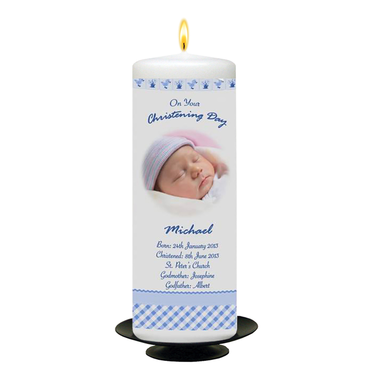 Personalised Boys Christening Candle - Hush Teddy Blue with Photo