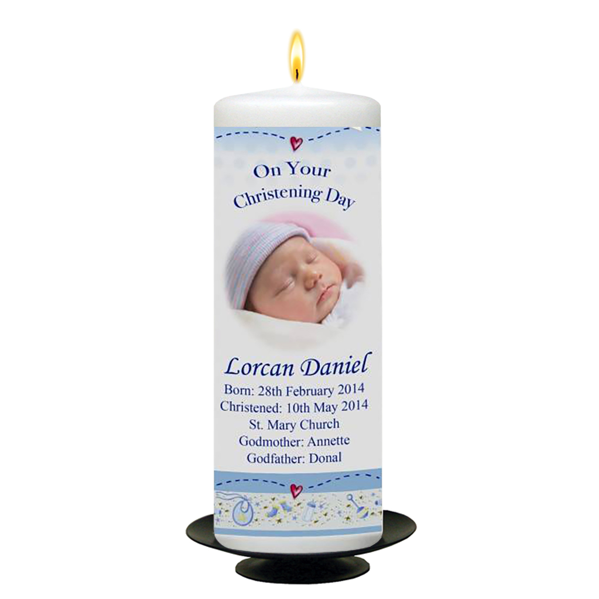 Personalised Boys Christening Candle - Teddy & Quilt Blue with Photo
