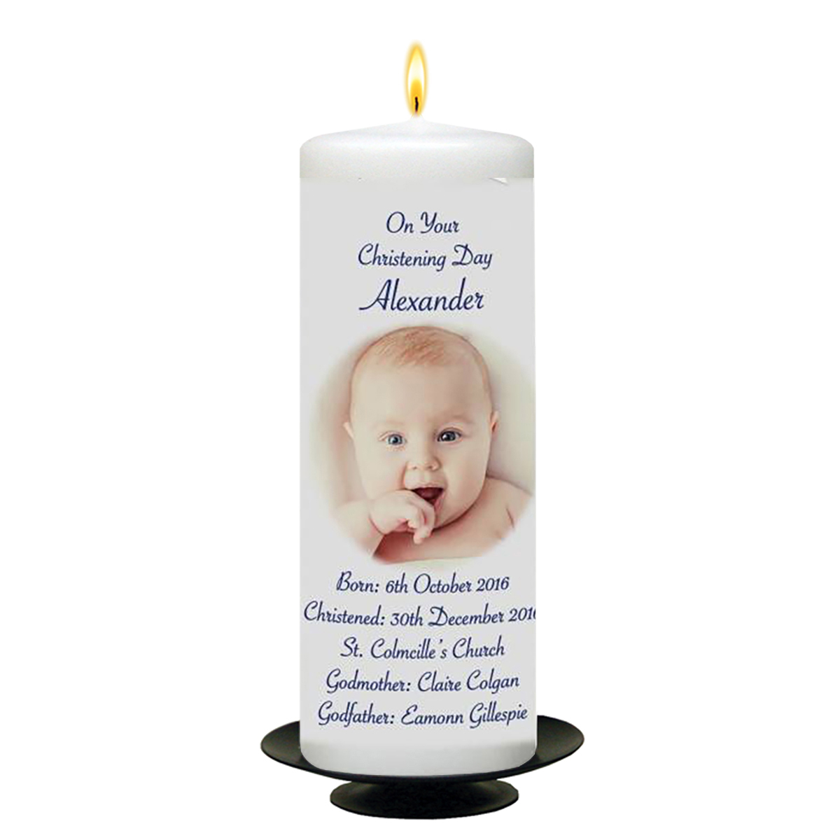 Personalised Boys Christening Candle - Cross & Fish Blue with Photo