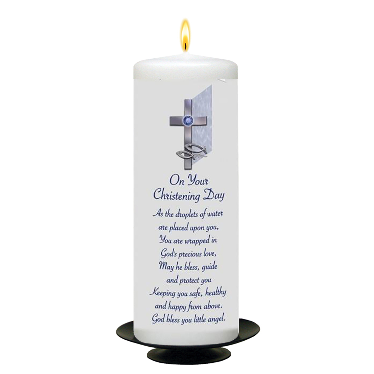 Personalised Boys Christening Candle - Cross & Fish Blue with Photo