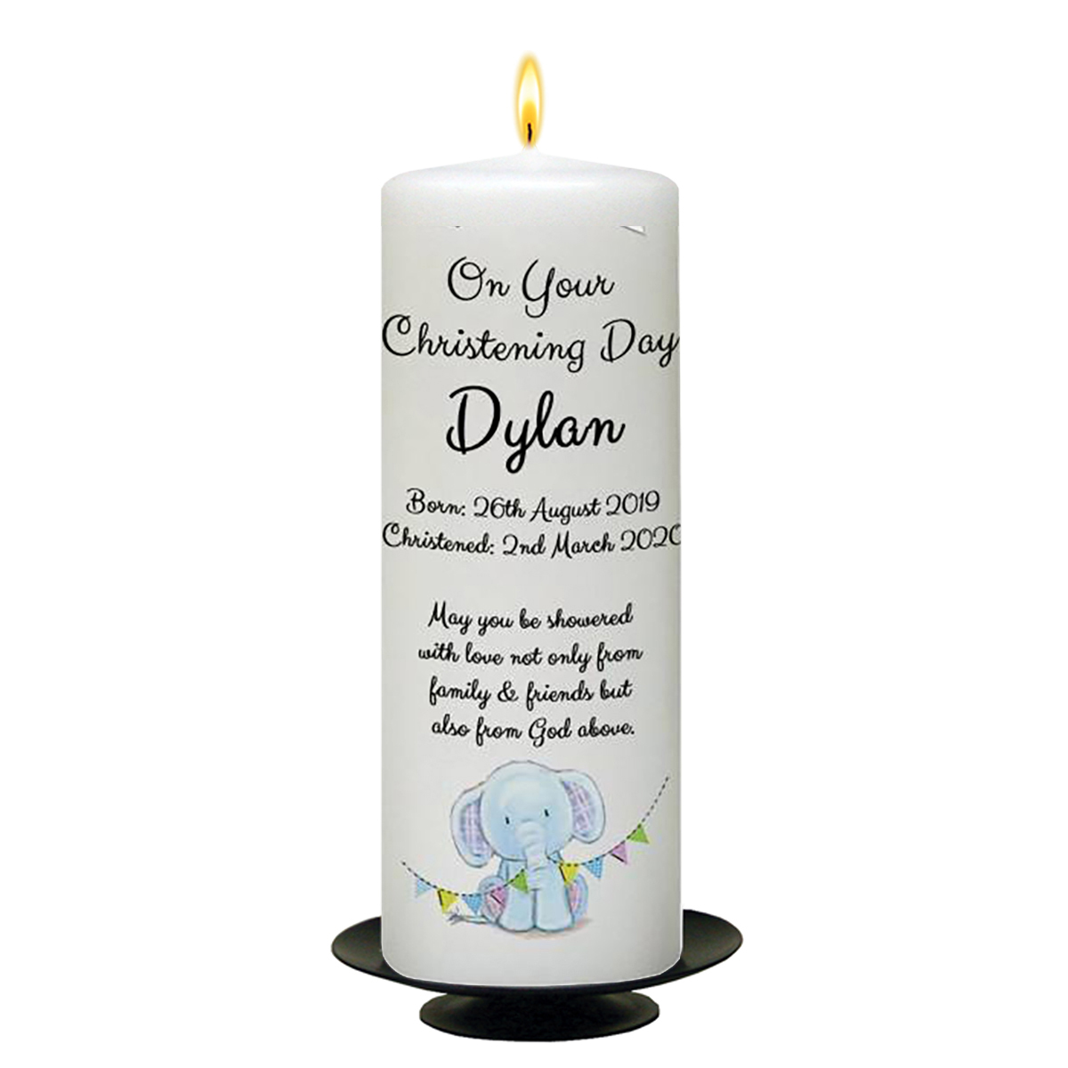 Peronsonalised Boys Christening Candle - Elephant Party Blue