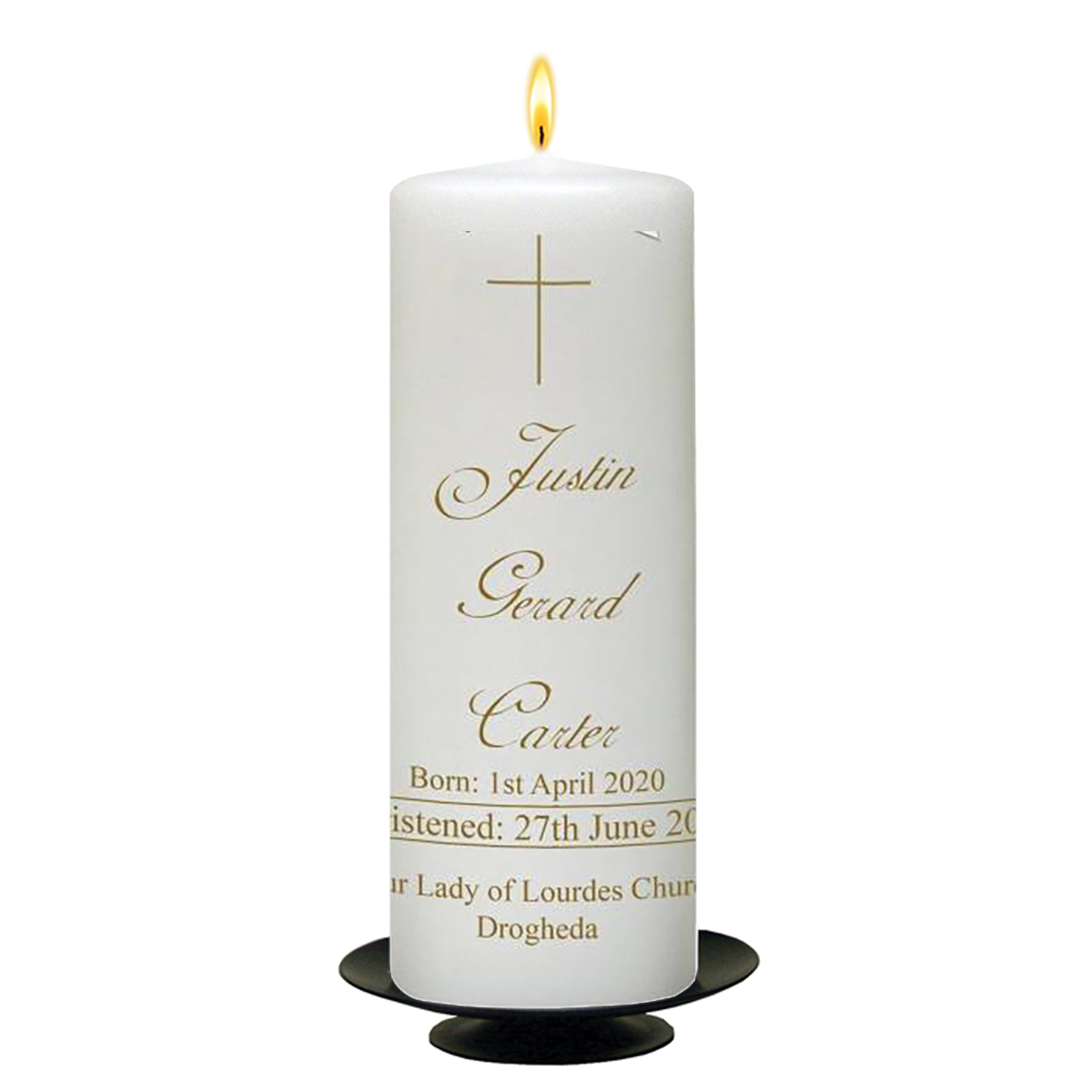 Personalised Christening Candle - Thin Gold Cross & Script