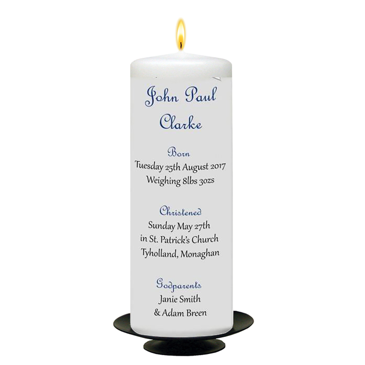 Peronsonalised Boys Christening Candle - French Script Blue