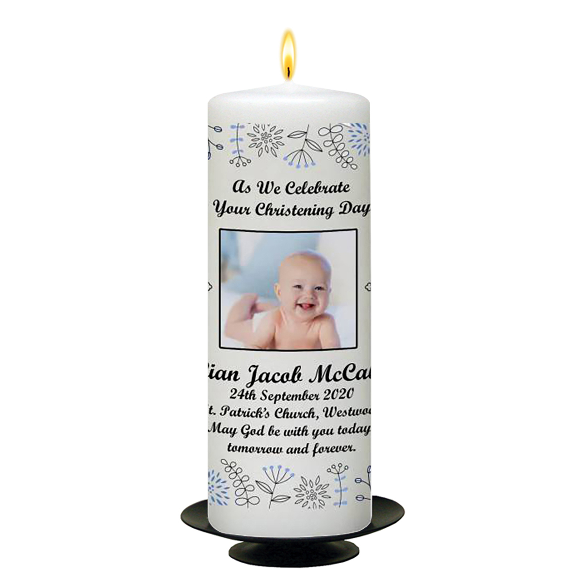 Peronsonalised Boys Christening Candle - Flower Art & Blue Crosses with Photo