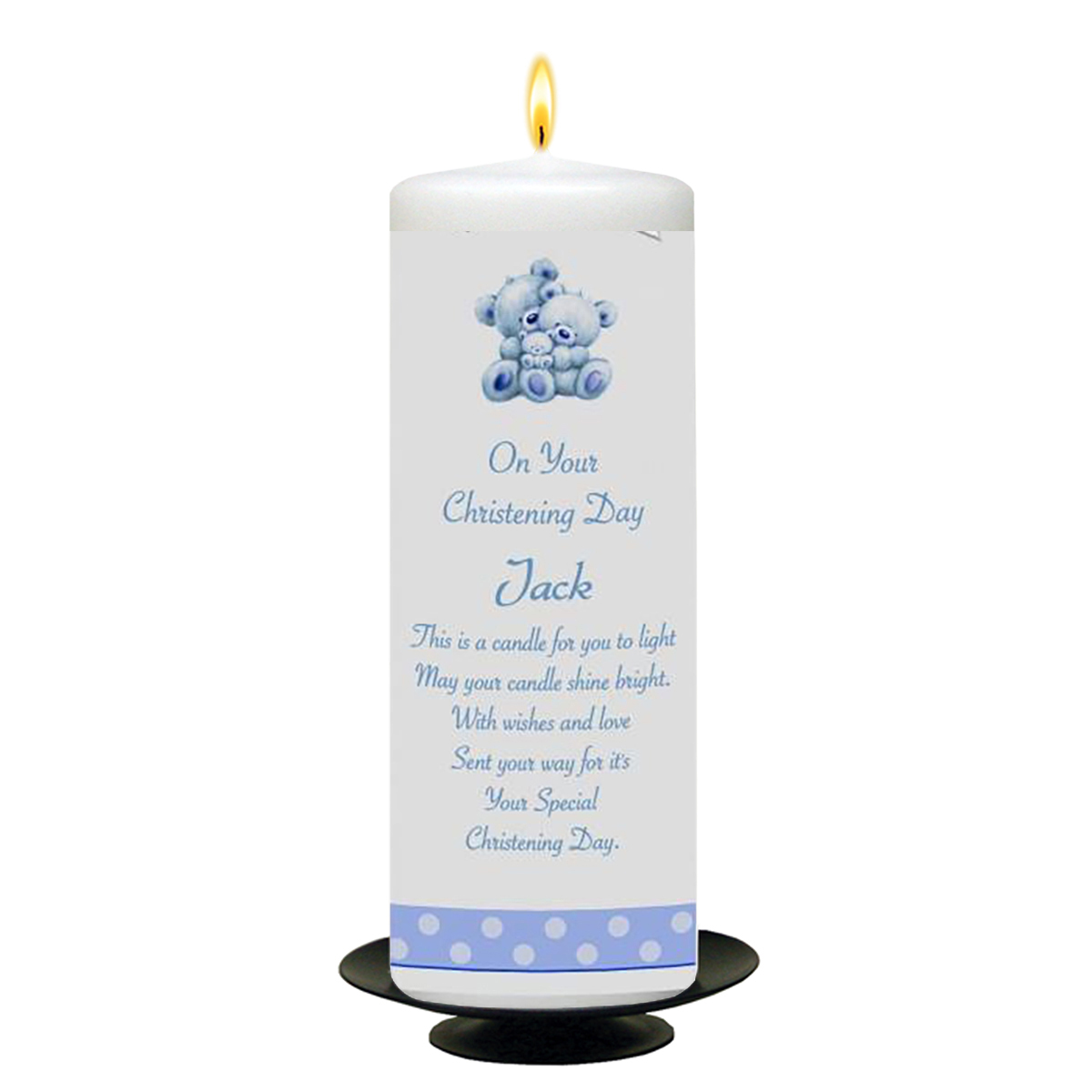 Personalised Boys Christening Candle - Teddy & Bubbles Blue