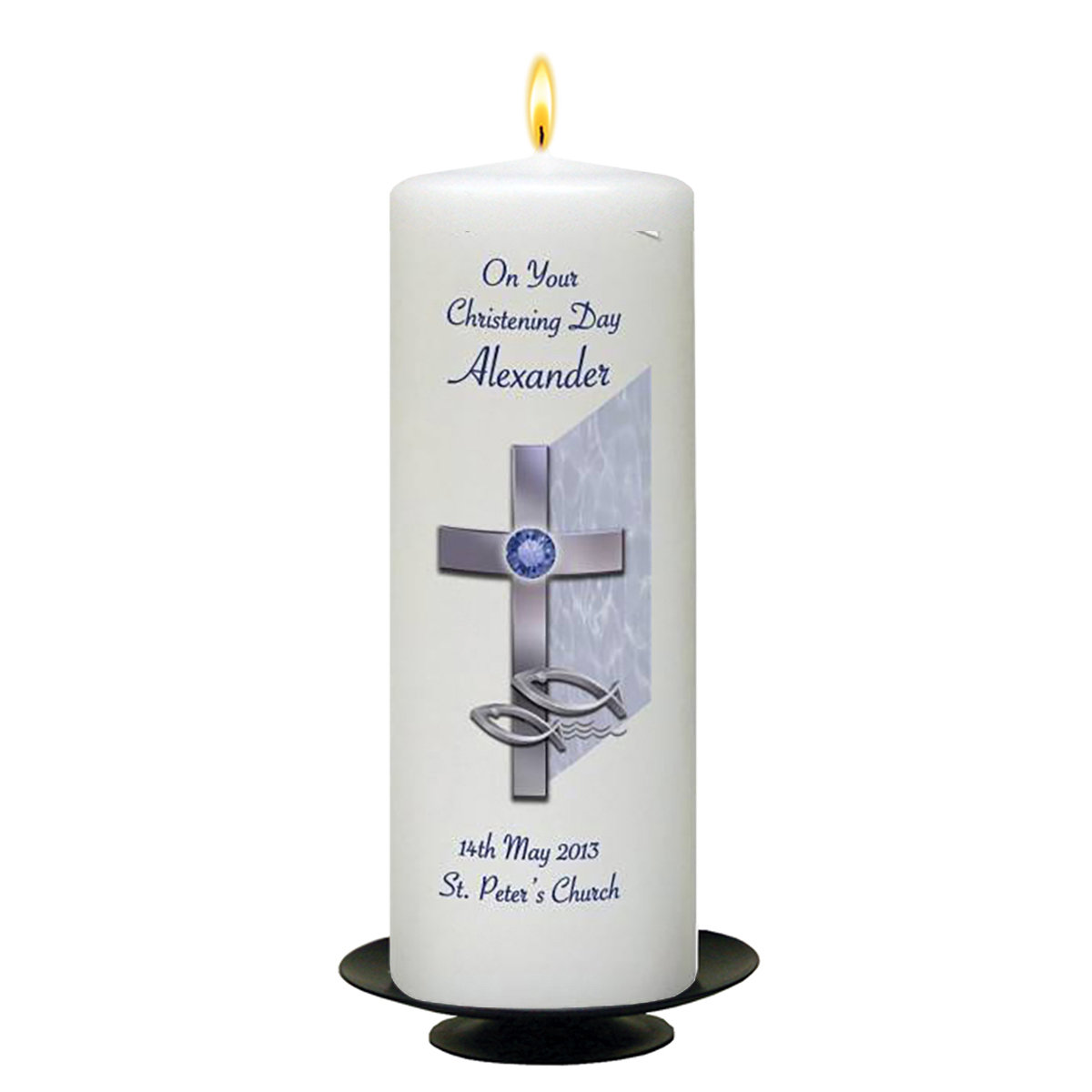 Personalised Boys Christening Candle - Cross & Fish Blue