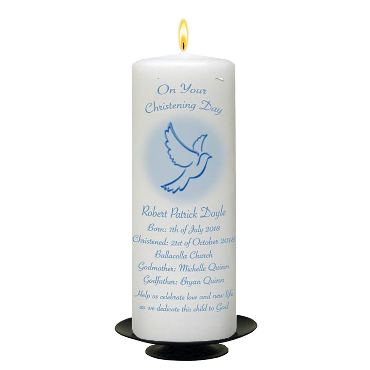 Personalised Boys Christening Candle - Flying Dove Blue