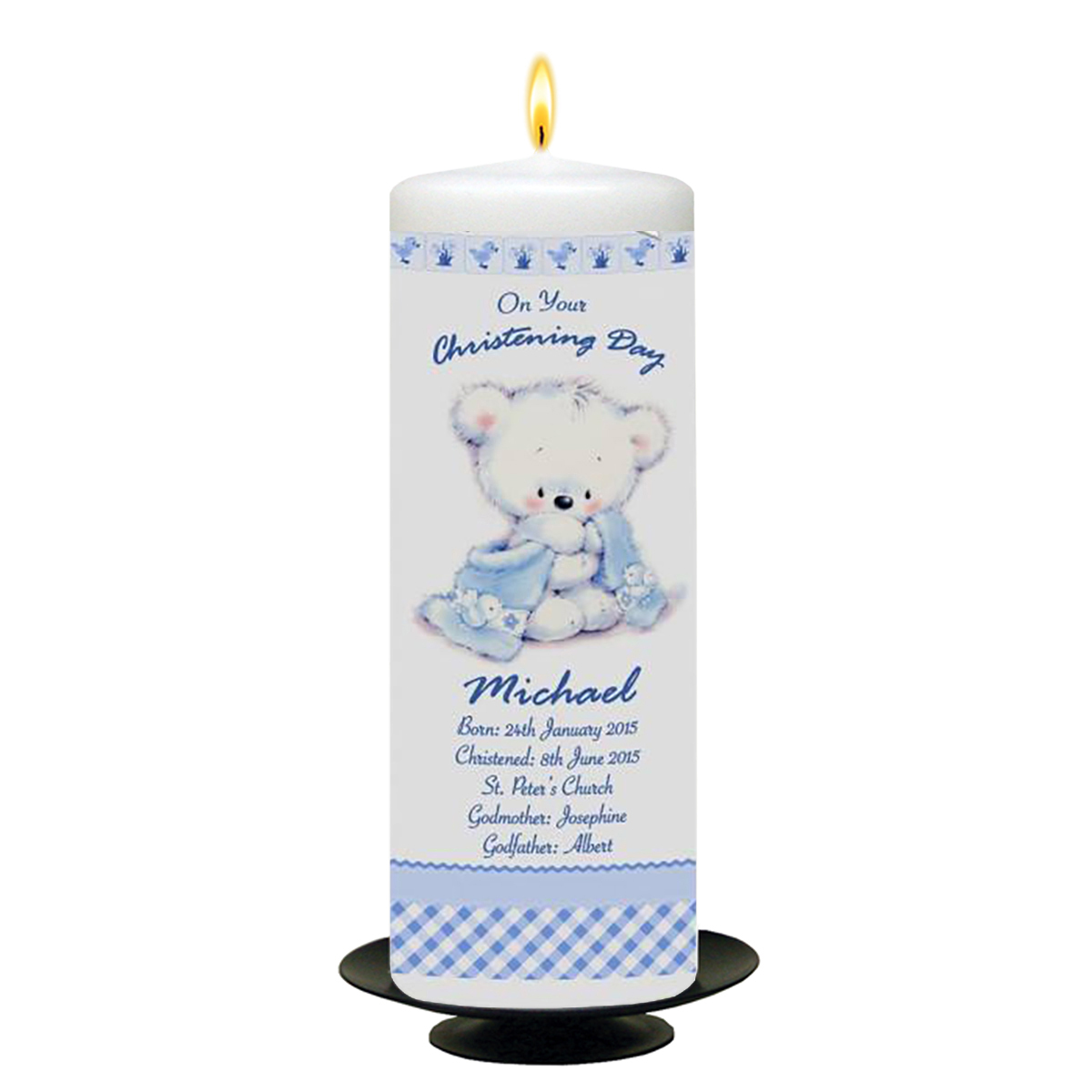 Personalised Boys Christening Candle - Hush Teddy Blue