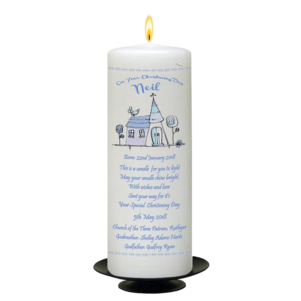 Personalised Boys Christening Candle - Church Blue