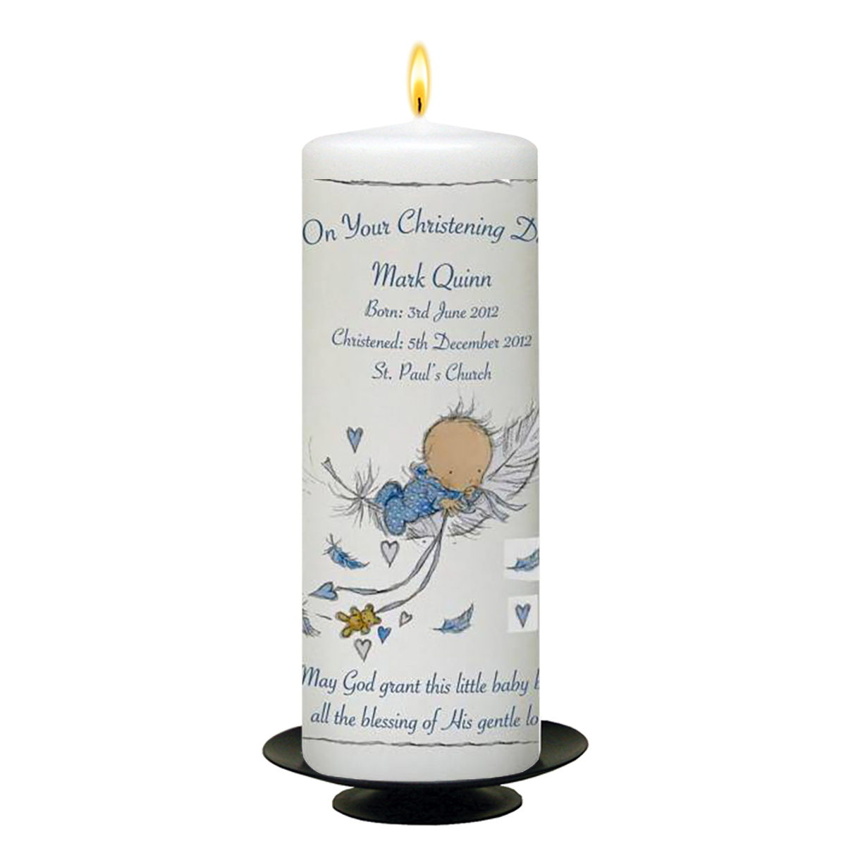 Personalised Boys Christening Candle - Feather Baby Blue