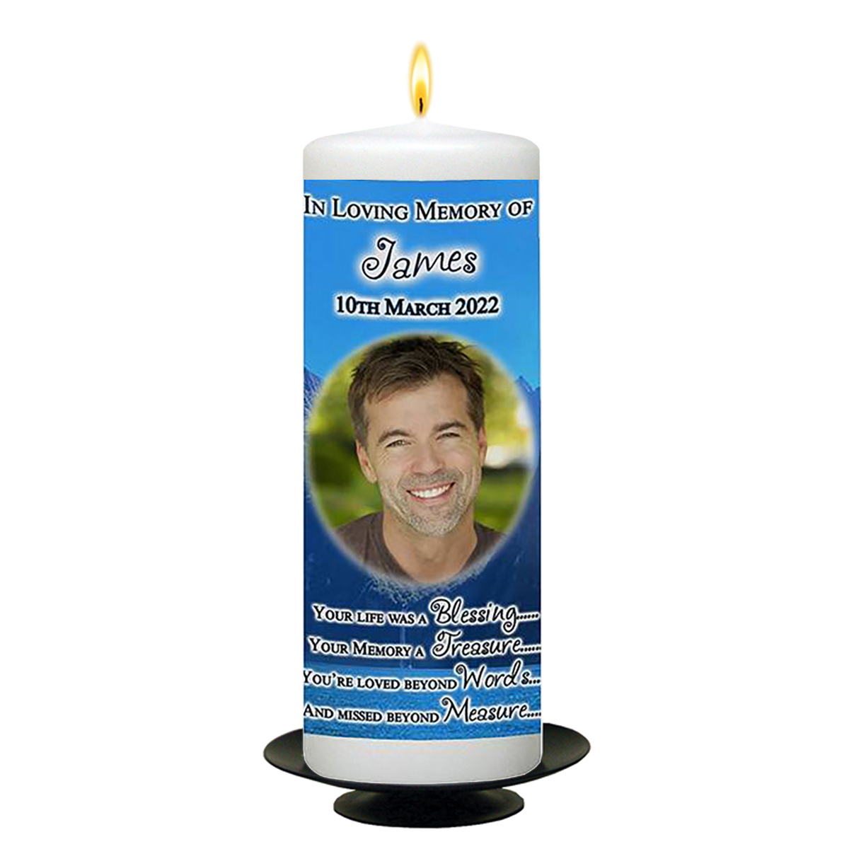 Personalised Remembrance Candle - Blue Valley of Water with Photo