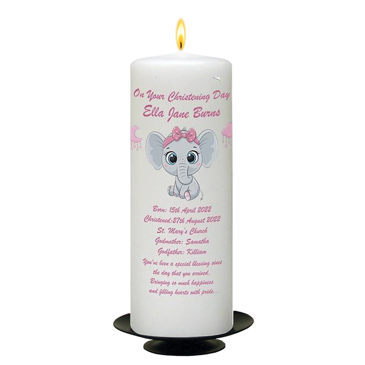 Personalised Girls Christening Candle - Ellie Elephant & Clouds Pink